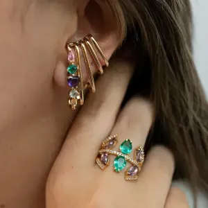 ANEL DOURADO ZIRCÔNIAS AMETISTA E PRASIOLITA CRAVEJADO EM MICROZIRCÔNIAS CRISTAL