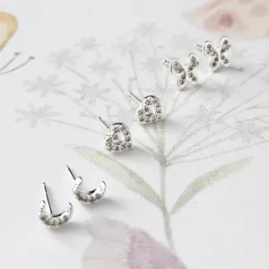 TRIO DE BRINCOS BORBOLETA, LUA E CORAÇÃO