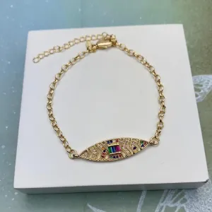 PULSEIRA DOURADA ZIRCÔNIAS NAVETE MULTICOLORIDAS DETALHE MICROZIRCÔNIAS MULTICOR