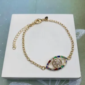 PULSEIRA DOURADA OLHO GREGO ZIRCÔNIAS NAVETE MULTICOLORIDAS DETALHE MICROZIRCÔNIAS MULTICOR