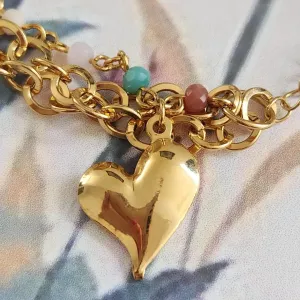 PULSEIRA DOURADA TRÊS FIOS ZIRCÔNIAS MULTICOR CORAÇÃO LISO