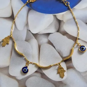 PULSEIRA DOURADA MÃO DE FATIMA E OLHO GREGO