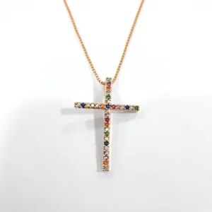 COLAR DOURADO CRUZ MICROZIRCÔNIAS COLORIDAS