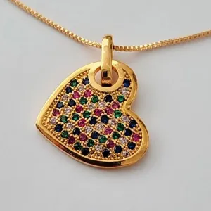 COLAR VENEZIANA PINGENTE CORAÇÃO COLORIDO 40 CM