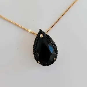 COLAR DOURADO PINGENTE GOTA ZIRCÔNIA NEGRA CRAVEJADO