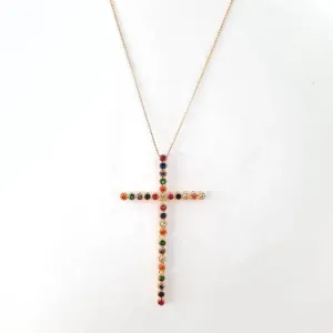 COLAR DOURADO CRUZ CRAVEJADA EM MICROZIRCÔNIAS MULTICOR