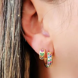 DUPLA ARGOLINHA DOURADA CORAÇÃO CRAVEJADA EM MICROZIRCÔNIAS MULTICOLORIDAS TRIPLA FILEIRA