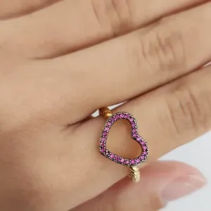ANEL DOURADO CORAÇÃO VAZADO CRAVEJADO MICROZIRCÔNIAS RUBELITA