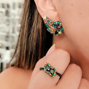 EAR JACKET RÓDIO NEGRO CRAVEJADO COM ZIRCÔNIAS MULTICOLORIDAS