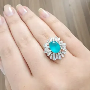 ANEL RÓDIO BRANCO  PIZZA ÁGUA MARINHA COM ZIRCÔNIAS CRISTAL