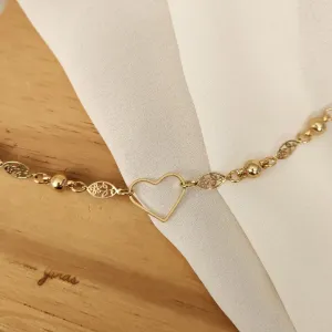 TORNOZELEIRA DOURADA PINGENTE CORAÇÃO E DETALHES