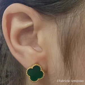BRINCOS TREVO DE QUATRO FOLHAS VERDE BANHO OURO