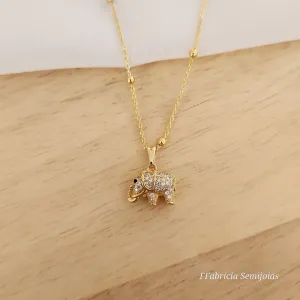 COLAR DOURADO BOLINHA COM PINGENTE ELEFANTE CRAVEJADO EM MICROZIRCÔNIAS CRISTAM 40CM