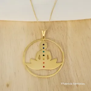 COLAR VENEZIANA COM PINGENTE MANDALA MEDITAÇÃO 7 CHAKRAS E FLOR DE LÓTUS 4CM