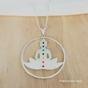 COLAR VENEZIANA COM PINGENTE MANDALA MEDITAÇÃO 7 CHAKRAS E FLOR DE LÓTUS 4CM