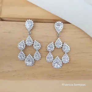 BRINCO RÓDIO BRANCO FESTA GOTAS ZIRCÔNIA CRISTAL