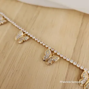 COLAR CHOKER RIVIERA 35+12CM COM 5 PINGENTES BORBOLETAS CRAVEJADO EM MICROZIRCÔNIAS CRISTAL