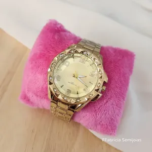 RELÓGIO DOURADO PEDRAS FUNDO DOURADO