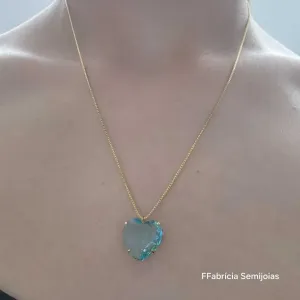 COLAR CORAÇÃO DOURADO PEDRA AZUL CLARO