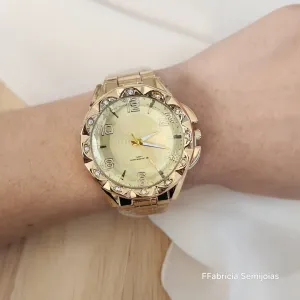 RELÓGIO DOURADO PEDRAS FUNDO DOURADO