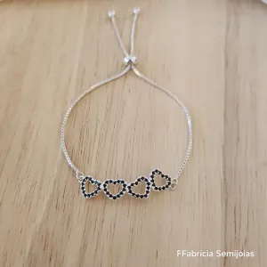 PULSEIRA BANHO DE PRATA CORAÇÃO CRAVEJADO ZIRCÔNIAS NEGRAS