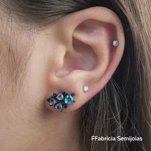 EAR JACKET LEQUE RÓDIO NEGRO COM ZIRCÔNIAS COLORIDAS