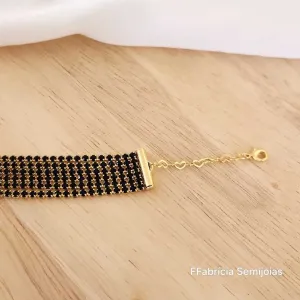 PULSEIRA SEIS FIOS CRAVEJANDOS EM ZIRCÎNIAS NEGRAS