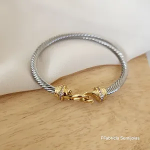 BRACELETE ARO CORDA RÓDIO BRANCO FECHO DOURADO CRAVEJADO