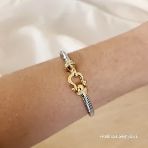 BRACELETE ARO CORDA RÓDIO BRANCO FECHO DOURADO CRAVEJADO