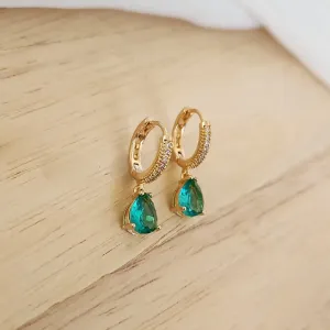 BRINCO ARGOLINHA GANCHO GOTA VERDE ESMERALDA