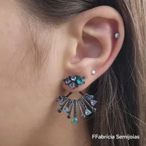 EAR JACKET LEQUE RÓDIO NEGRO COM ZIRCÔNIAS COLORIDAS