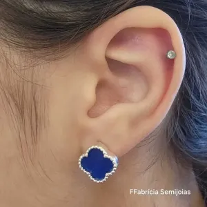 BRINCOS TREVO DE QUATRO FOLHAS AZUL BANHO DE PRATA