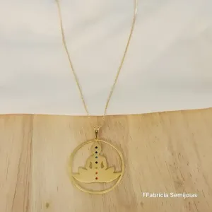 COLAR VENEZIANA COM PINGENTE MANDALA MEDITAÇÃO 7 CHAKRAS E FLOR DE LÓTUS 4CM