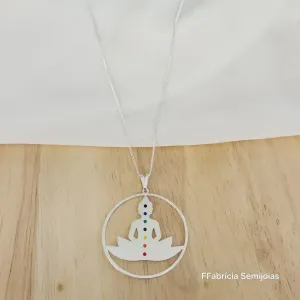 COLAR VENEZIANA COM PINGENTE MANDALA MEDITAÇÃO 7 CHAKRAS E FLOR DE LÓTUS 4CM
