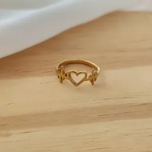 ANEL AÇO DOURADO CORAÇÃO VAZADO E BATIDAS
