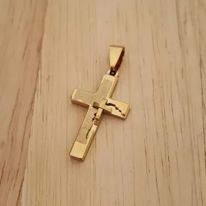 PINGENTE AÇO DOURADO CRUZ PAI NOSSO DETALHE