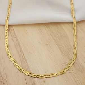 COLAR AÇO DOURADO MALHA FITA FINA TRÊS FIOS TRANÇADOS 45+5CM