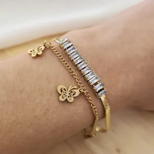 PULSEIRA AÇO DOURADA DOIS FIOS BORBOLETAS E NAVETES