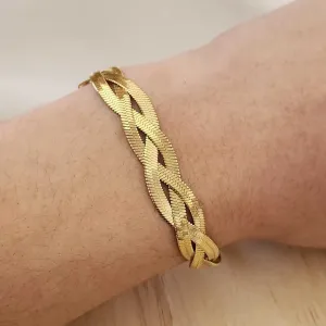 PULSEIRA AÇO DOURADO MALHA FITA MÉDIA TRÊS FIOS TRANÇADOS
