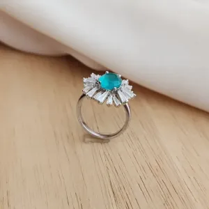 ANEL RÓDIO BRANCO  PIZZA ÁGUA MARINHA COM ZIRCÔNIAS CRISTAL