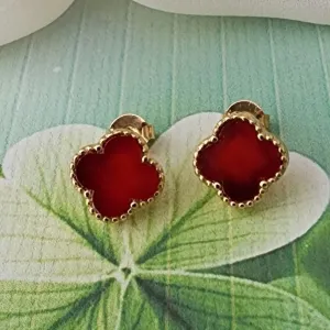 BRINCOS TREVO DE QUATRO FOLHAS VERMELHO BANHO OURO