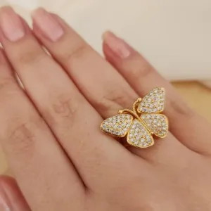 ANEL DOURADO BORBOLETA CRAVEJADA EM MICROZIRCÔNIAS CRISTAL