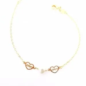 PULSEIRA DOURADA CORAÇÃO PÉROLA E AMOR