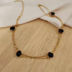 COLAR CHOKER LUXO PEDRAS GOTAS PRETAS DOIS FIOS
