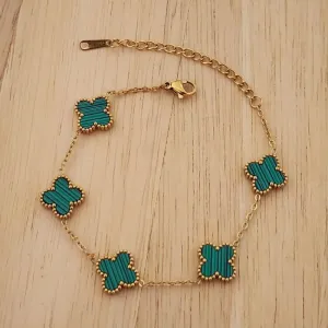 PULSEIRA AÇO DOURADA CINCO TREVOS VERDE G