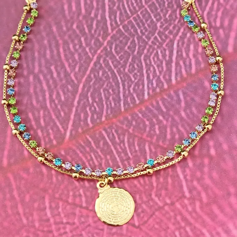 PULSEIRA DOIS FIOS RIVIERA COM BOLINHAS E PINGENTE PAI NOSSO