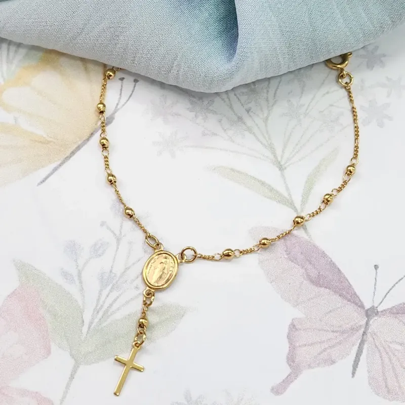 PULSEIRA DOURADA TERÇO NOSSA SENHORA DAS GRAÇAS E CRUZ