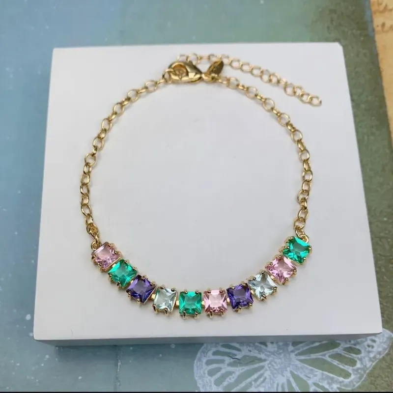 PULSEIRA DOURADA ZIRCÔNIAS PEDRAS QUADRADA MULTICOLORIDAS