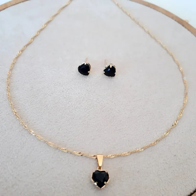 CONJUNTO DOURADO CORAÇÃO CORRENTE SINGAPURA