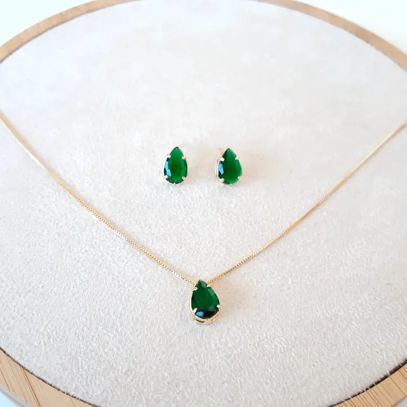 CONJUNTO DOURADO PEDRA GOTA CORRENTE VENEZIANA